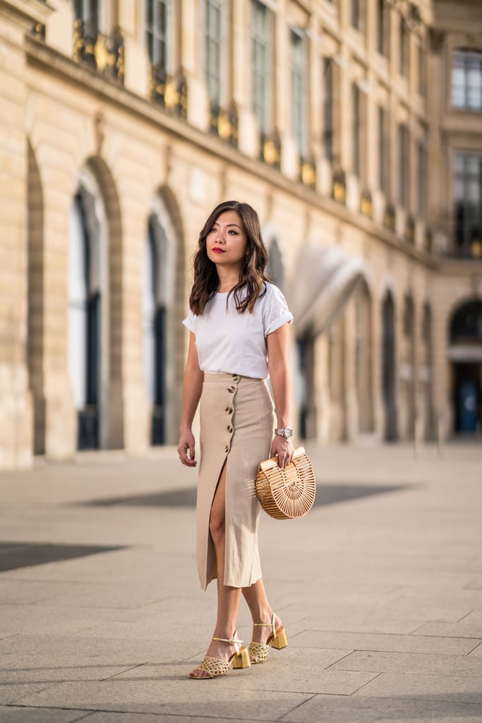 brunch tuck white tee midi skirt finish
