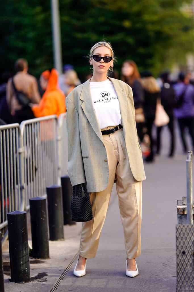 white tee brings balance oversize blazer pants