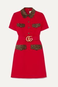 Belted leopard print cotton trimmed wool and silk blend mini dress
