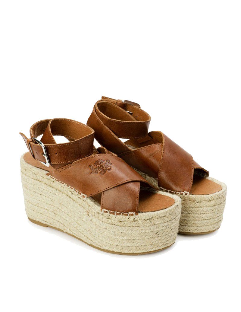 sandalias plataforma esparto piel marron