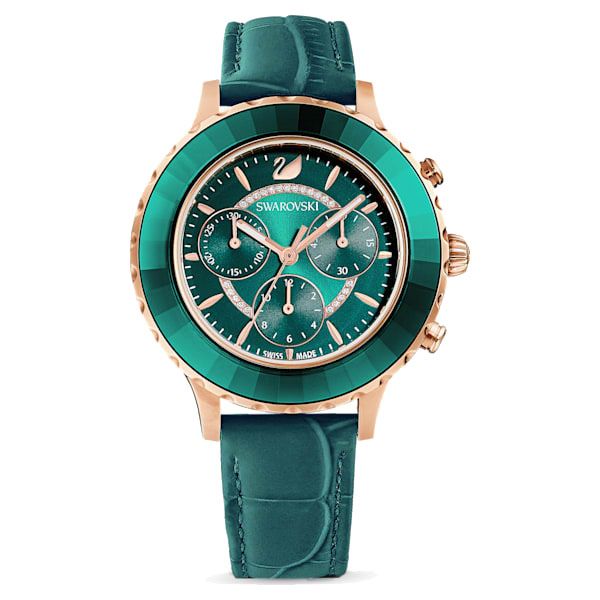 octea lux chrono watch leather strap green rose gold tone pvd swarovski 5452498
