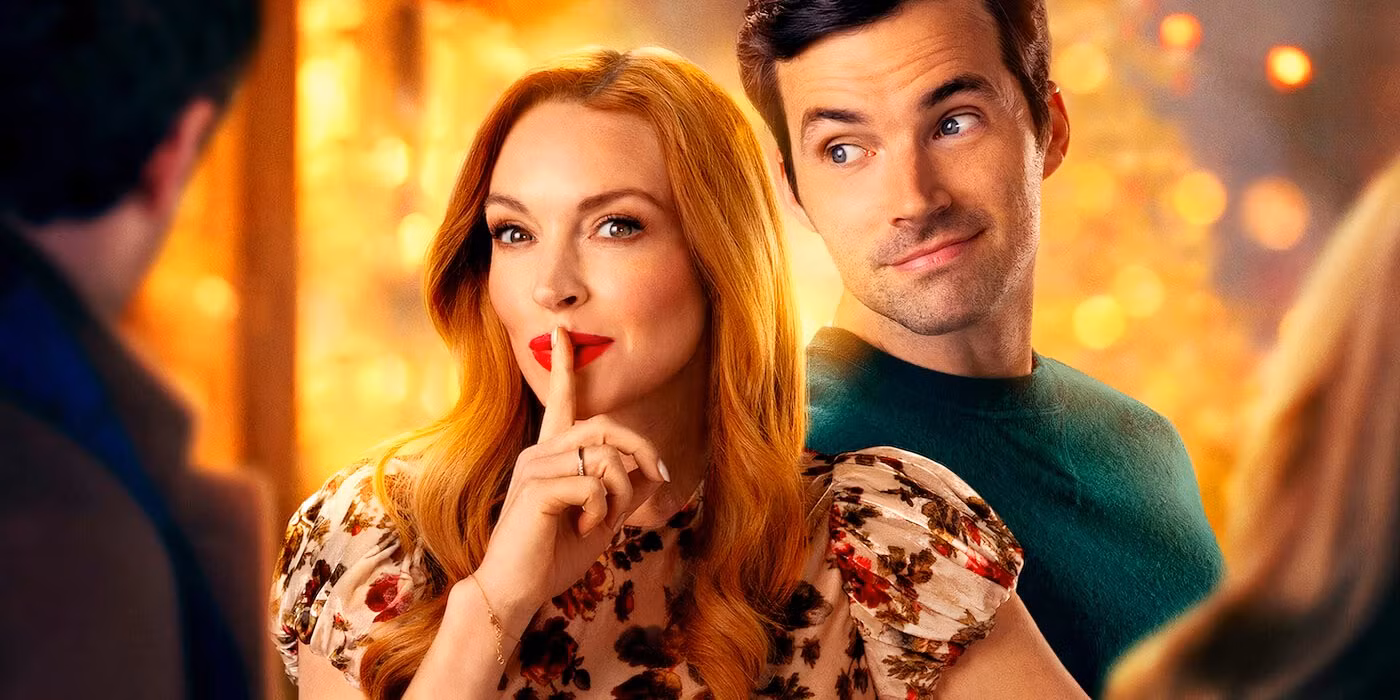 lindsay lohan standing with ian harding and holding a finger to her lips on the our little secret poster