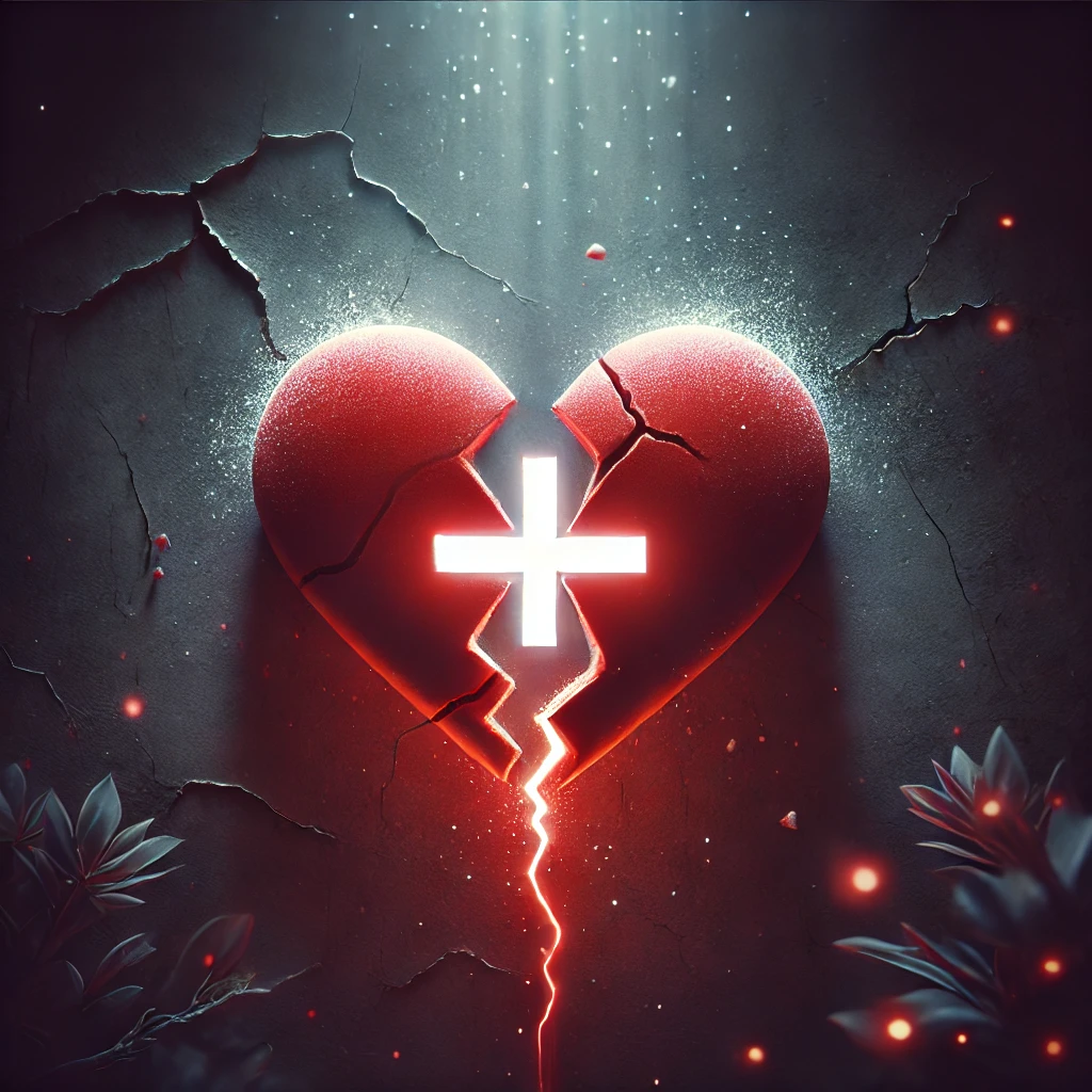Los 12 astros y su compatibilidad en el amor 21 DALL·E 2025 02 12 16.05.06 A broken red heart with a glowing white minus sign inside it symbolizing loss sadness or separation. The background is dark and moody with sub