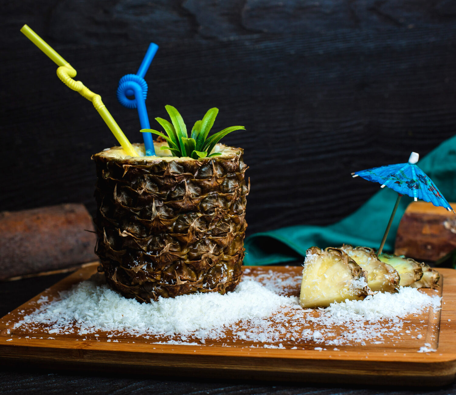 pineapple fresh wooden board with coconut
